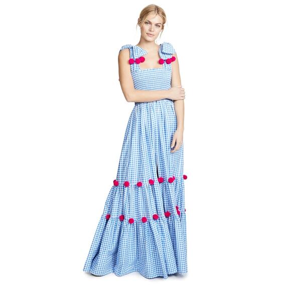 Sundress Pippa Maxi Dress Women's M/L Blue Gingham Check Pink Pom Pom Boho - Picture 7 of 8